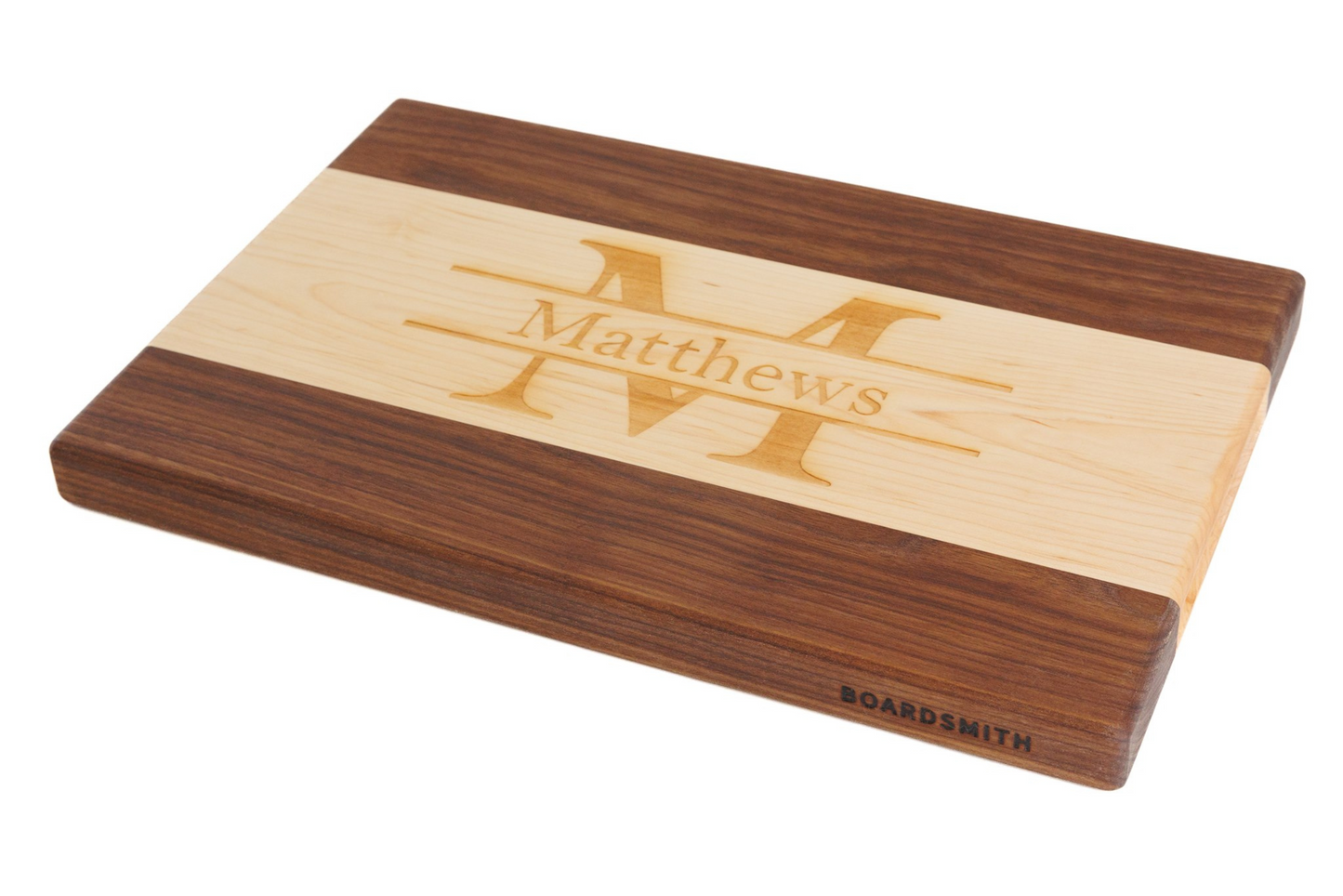 Personalized maple and walnut cutting board with Matthews engraving