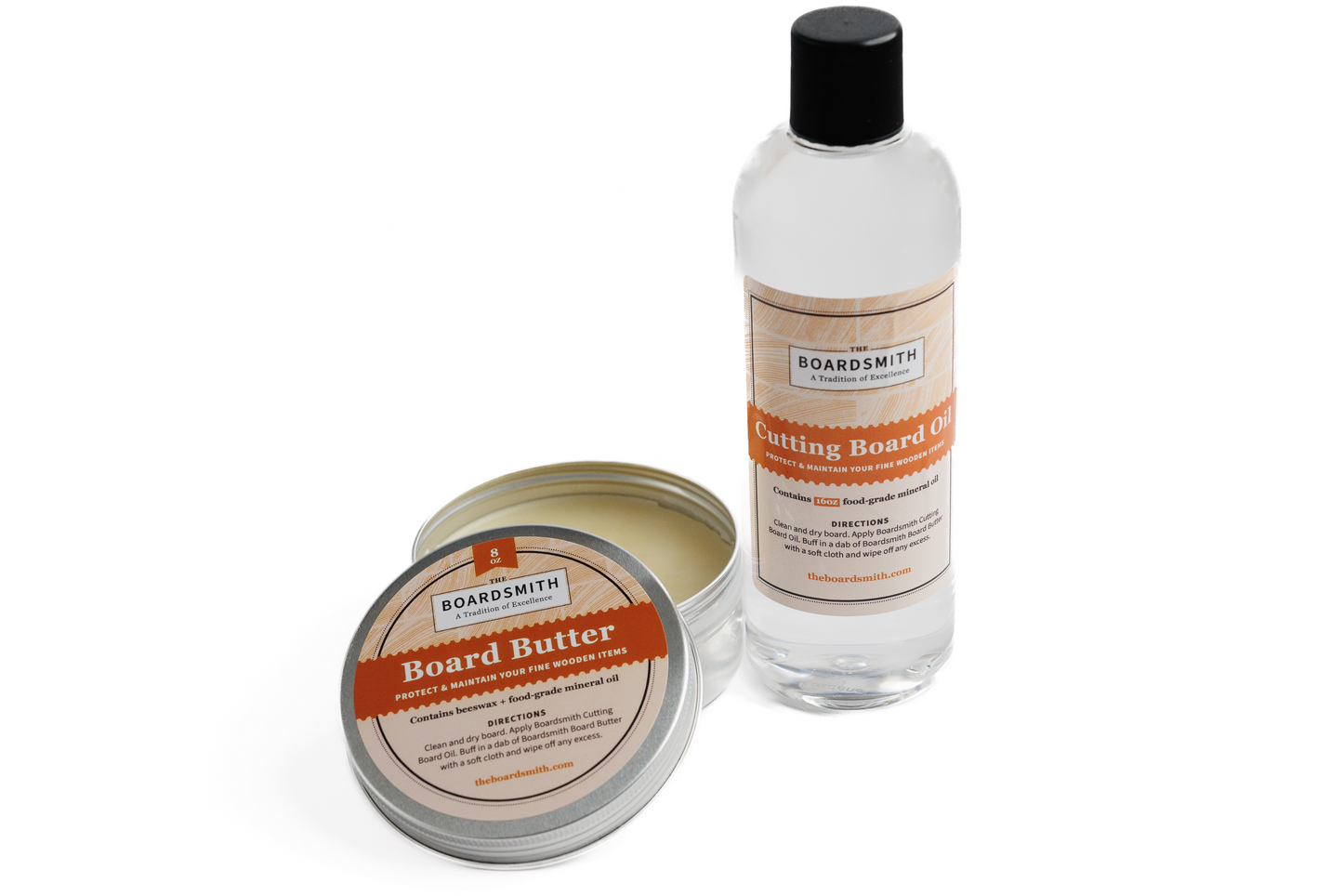 the Boardsmith's cutting board care kit featuring chopping board oil and butter wax