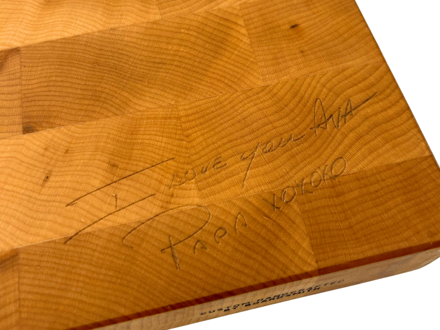 Personalized maple cutting board with handwritten engraving message by The Boardsmith