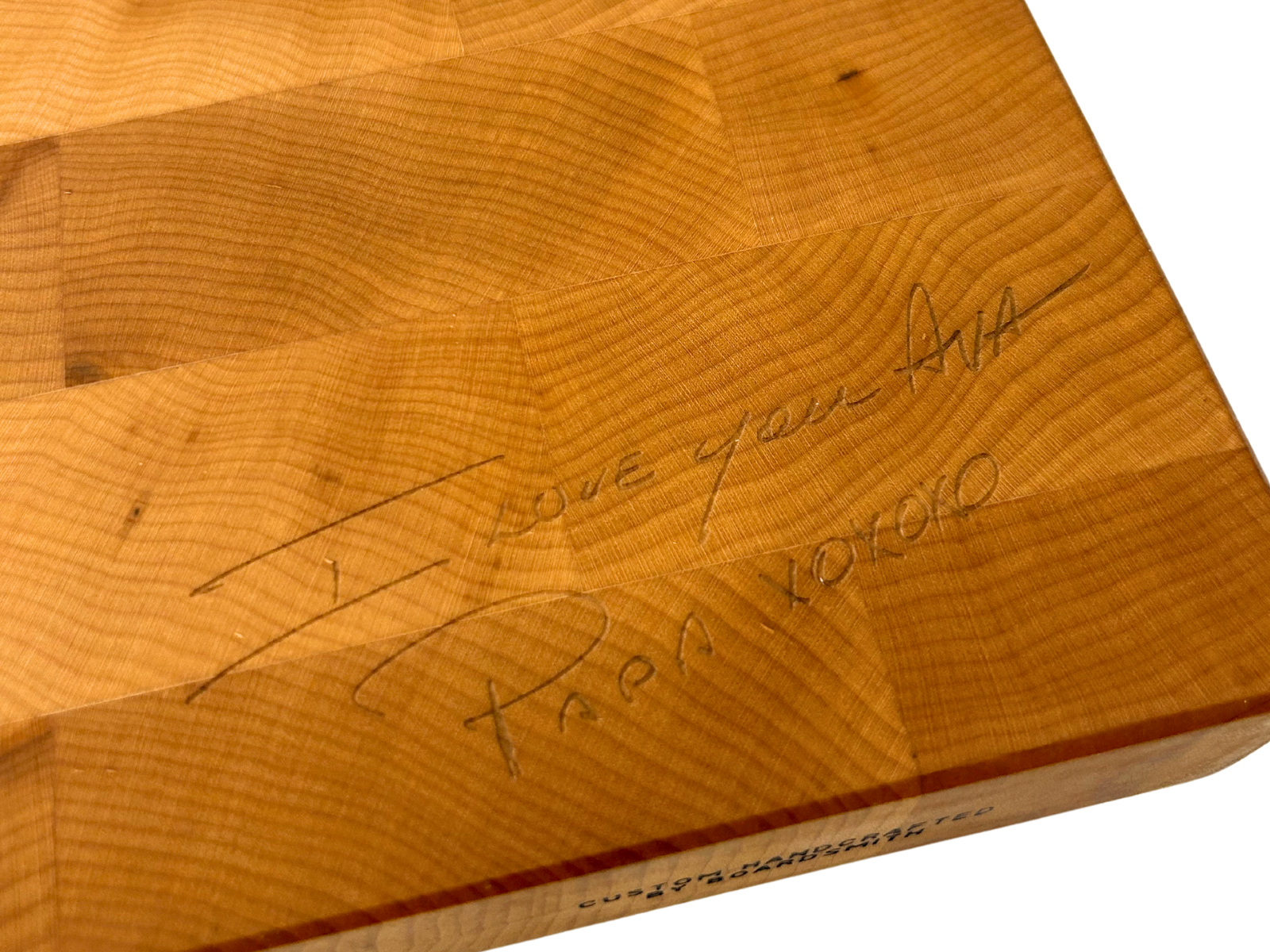 Personalized maple cutting board with handwritten engraving message by The Boardsmith